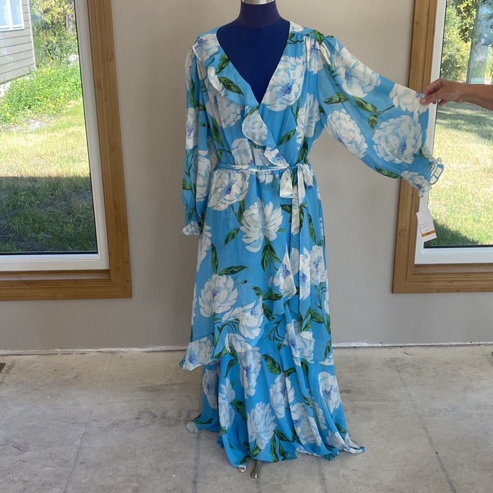 Taylor Plus Size V-Neck Long Sleeve A Line Maxi Dress - Sky Blue Lavender -16W